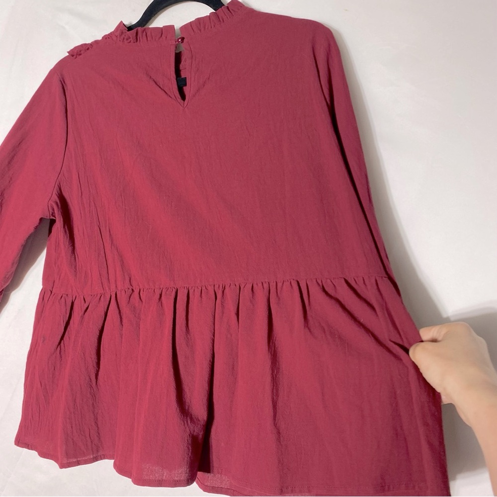 5/$25 Shein Burgundy High Collar Eyelet Ruffle Peplum Blouse L - Picture 9 of 15